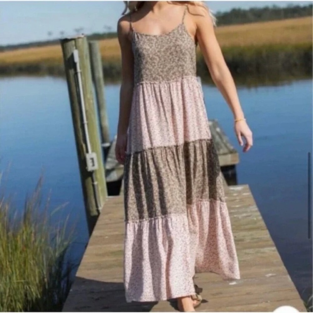 Boho Tiered Spaghetti Strap Maxi Dress - Pink and Brown